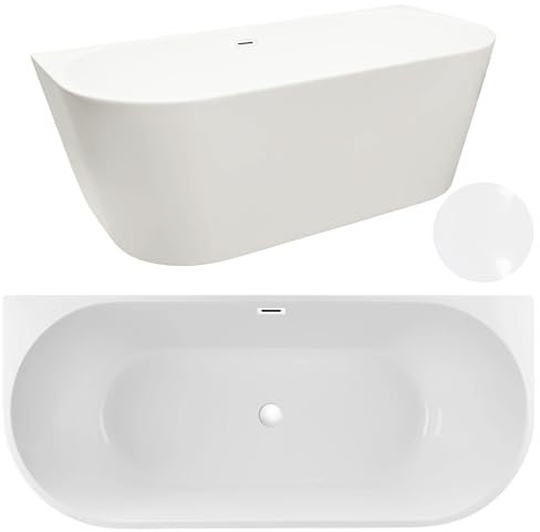 AQUAUNO Freistehende Acrylbadewanne 150x75 cm zur Wandmontage aus hochwertigem Sanitäracryl – mit Klick-Klack-Ablauf, Überlauf, Abdeckung, Ablaufgarnitur in Weiß – Design Badewanne