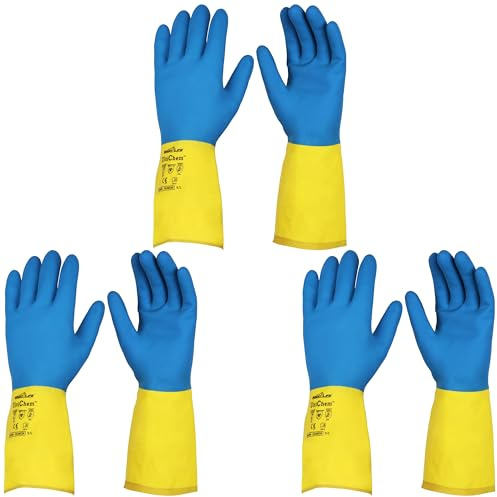 Bison Life UltiChem Neopren-Handschuhe, 33 cm, 20 mm, doppelt getaucht, chemikalienbeständig, Blau & Gelb, beflockt mit Diamantgriff, ideal für Laborarbeiten, Reinigung, Abfall, Bau & Outdoor-Aufgaben