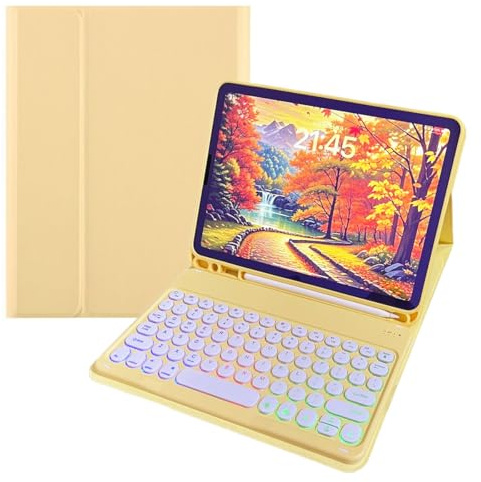 kaidisen Rainbow Backlit Keyboard Case for iPad A16 11th Generation 2025/10th Generation 2022(11/10.9 inch), 7 Colors Backlight Retro Round Key Detachable Keyboard Cover Cute Candy Color,Yellow