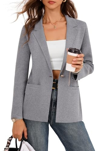 GRACE KARIN Lightweight Cardigans for Women V Neck Long Sleeve Suit Jackets Classic Sweater Grey M