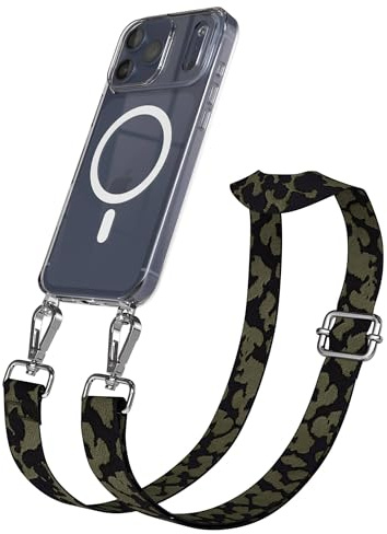 EAZY CASE Handykette - Verstellbares Taschenband kompatibel mit iPhone 17 Pro Max, Schulterriemen, Handykordel mit Silikon Hülle, Qi Charging kompatibel, Umhängetasche, Dunkelgrün Camouflage Silber