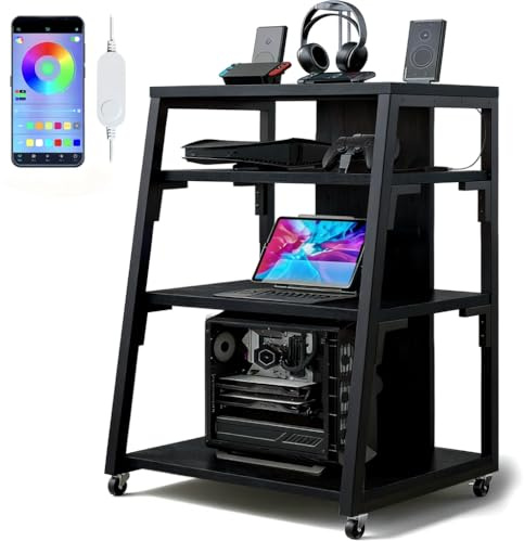MoraRise TV Stand Record Player Stand,4-Tier AV Media Tower With RGB LED Lights&Charging Station,HiFi Rack With 2 Adjustable Shelves & 4 Hooks & Wheels,Industrial TV Stands,Printer (Black)
