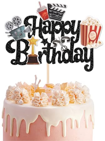 Bubaxuce 1 Stück Film Glücklicher Geburtstag Kuchen Topper Glitzer Rolle Kamera Videorekorder Popcorn Filmabend Kuchen Pick für Hollywood Thema Familie Film Themenparty Dekoration