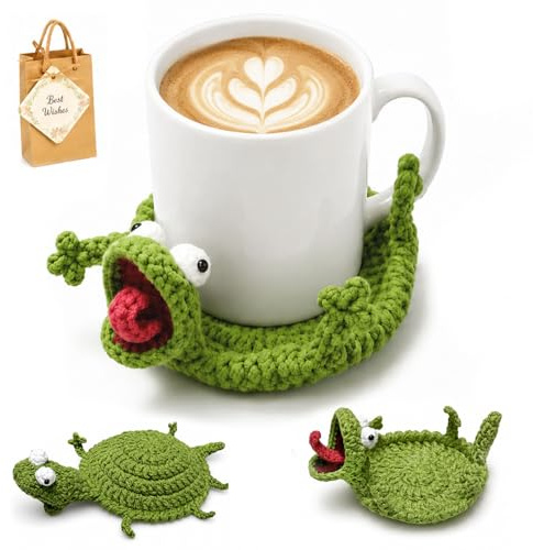 Crochet Lizard Coaster, Cute Handmade 3D Lizard Mug Rug, Funny Amigurumi Animal Cup Mat, Novelty Lizard Shaped Drink Coaster for Coffee Mug, Decorative Coasters for Home Desk Decor (Green)