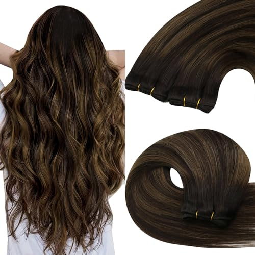 YoungSee Echthaar Tressen Braun Ombre 35cm Tressen Echthaar zum Einnähen Braun Ombre Haartressen Extensions Weave Extensions Weft Hair-Extension Remy Glatt für Damen 70g 2/2/6