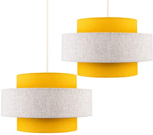 MiniSun | Modern Ceiling Light Shades in a Mustard and Grey Herringbone Finish | Pendant Lights, Home Décor & Improvement Essential | Set of 2 | Includes 10W GLS Bulbs | 30cm Shade Width