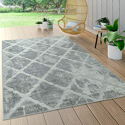 Paco Home Outdoor Teppich Wetterfest Wohnzimmer Balkon Küche Orientalisch Ornament Skandinavisch Geometrisches Muster 3D Effekt Modern, Grösse:120x170 cm, Farbe:Grau 2