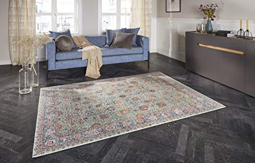 ELLE Decoration Mahal Orientalischer Teppich - Kurzflor Vintage-Look Orientalisch Ornamente-Muster Klassischer Orientteppich für Wohnzimmer Esszimmer Flur oder Schlafzimmer Jade Grün, 80x150cm