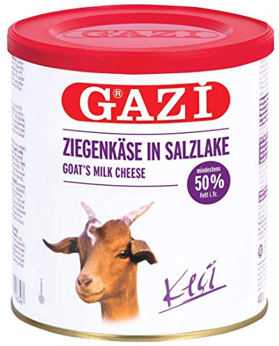 Gazi Ziegenkäse in Salzlake - 4x 400gramm Metalldose - Ziege Ziegen Käse Keci peyniri 50% Fett i.Tr. aus 100% Ziegenmilch, mild, mikrobielles Lab, vegetarisch, glutenfrei, zu Börek, zu Salat