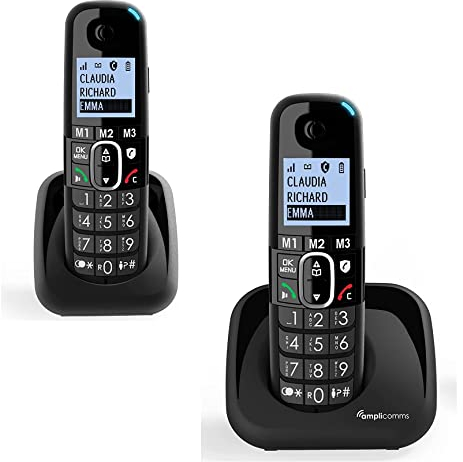 Amplicomms per Delta 2 Telefoni Cordless DUO Amplificati x Anziani Suoneria Extra Forte 90 Db Volume 35 Db Pulsante Boost Vivavoce Compatibile Apparecchi Acustici Tasti Display grandi