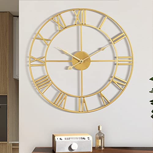 Maxstar Moderne römische Ziffern große Wanduhren,Vintage,Leichtes Tickende Runde Metall stille Wanduhr für Wohnzimmer,Küche,Schlafzimmer,Garten Dekor-Gold 60cm