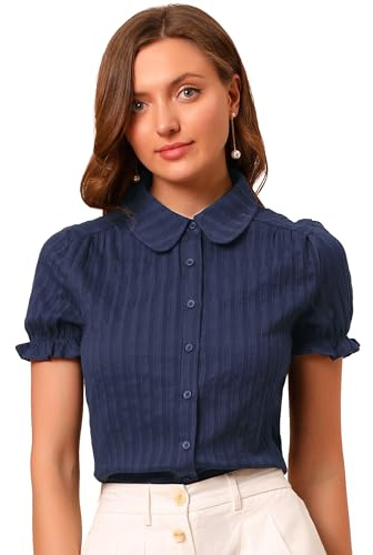 Allegra K Women's Short Sleeve Button-Up Peter Pan Collar Blouse, Blue, M