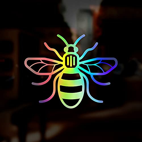 Manchester Bee Sticker Holographic Chrome Oil Slick Vinyl Decal 180mm | Reflective iridescent finish, precision cut with no background, for cars, vans, caravans, campervans, windows & bumpers