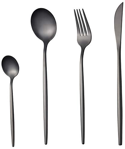 Ensemble De Couverts Noir Mat 24 Pièces Pour 6 Personnes, SANLI Un Service De Table Moderne Inox Ensemble Couteau Fourchette Cuillère,Lavable au Lave-vaisselle.