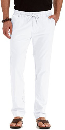 Sailwind Linen Trousers for Men Men's Elasticated Waist Trousers Casual Drawstring Summer Beach Loose Pants (Pure White, 30)
