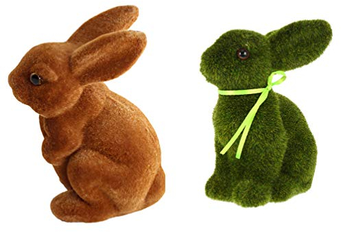 Heimdekoration, 2 Stück, Ostermoos, Hasen, Moos, bedeckter Hase, pelzig, beflockt, stehend, Hasenfigur, Skulptur, Osterparty, , , grün, Vintage-Heimdekoration