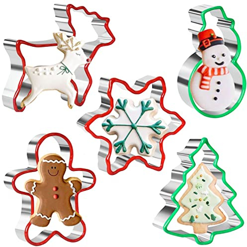 Crethinkaty Christmas Cookie Cutter Set 5 Pieces Stainless steel Gingerbread Man,Snowflake,Snowman,Christmas Tree and Reindeer Shape with Soft PVC Edge Xmas Cookie Cutters for Baking