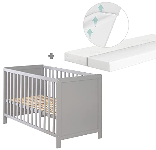 roba 2 in 1 Babybett 60 x 120 cm + safe asleep Matratze - Gitter- & Beistellbett 6-fach Höhenverstellbar - 5 Schlupfsprossen - Holz grau/taupe