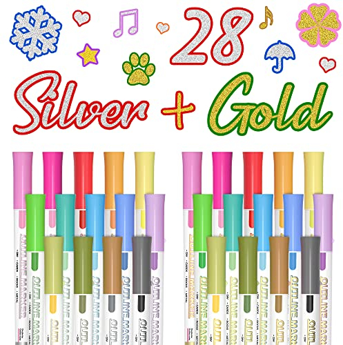 Shuttle Art 28 Glitzerstifte Magische Stifte, Metallic Outline Stifte Set mit 14 Silber, 14 Gold Farben, Outline Marker für Kinder Ostereier, Graffiti, Grußkarte, DIY, Zauberstifte Mädchen Geschenke