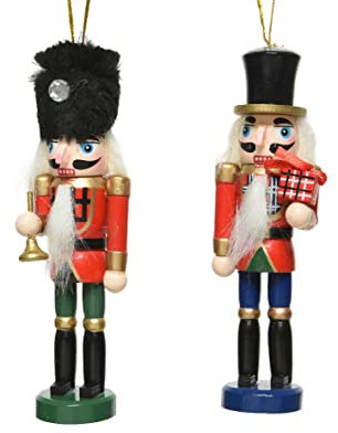 Kaemingk 2 x Traditional Wooden Christmas Nutcracker Soldier Christmas Tree Baubles - Red, Green, Blue, Black - 12.5 cm