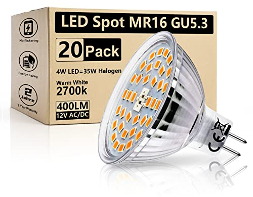 HiBay LED Leuchtmittel GU5.3 Lampe Warmweiß 2700K 4W (ersetzt 35W Halogenlampen) 400lm MR16 LED Birne 12V AC/DC Spot 20er Set