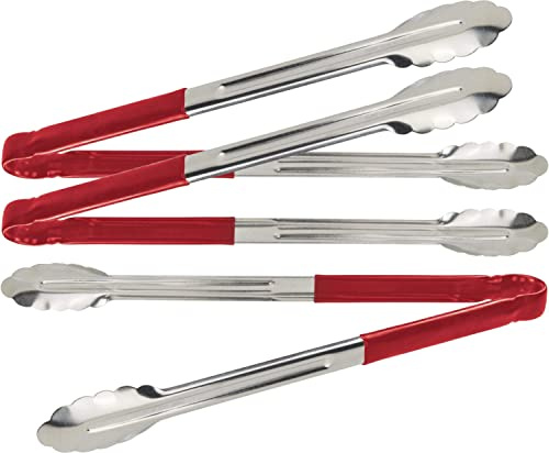 3X Catergold Professional Stainless Steel Cooking Tongs Set (12, Red)