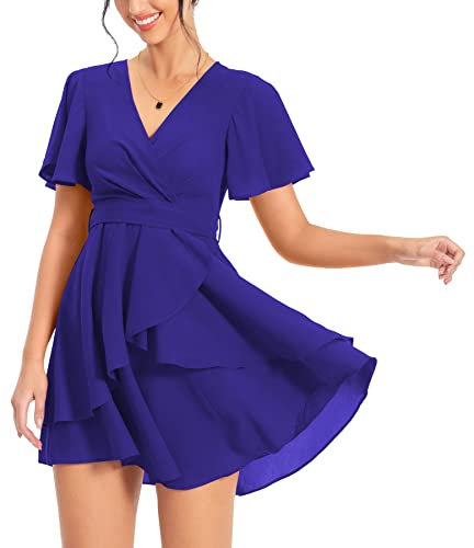 PCEAIIH Women's Cocktail Dresses Short Sleeve Empire Skater Dress Deep V-Neck Waist Tie Ruffle Mini Swing Dresses L Royal Blue