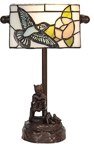 HAES DECO - Schreibtischlampe Bankerlampe Tiffany 15x33 cm Beige Blau Polyresin Glas Vogel Tischlampe Buntglas Buntglas