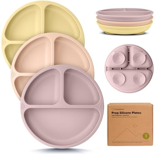 KeaBabies Kinder Teller für Baby, Kleinkind - 3er Pack 100% Silikon Baby Teller mit Saugnapf, Geteilte Kinderteller mit Unterteilung, Rutschfester Silikonplatten, BPA-frei, Mikrowellenfest (Dusk)