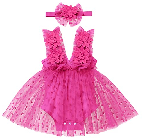 FYMNSI Vestito per neonato, senza maniche, tutina da principessa, gonna in tulle, con fascia, per bambini da 0 a 24 mesi, Rosa, 12-18 Mesi