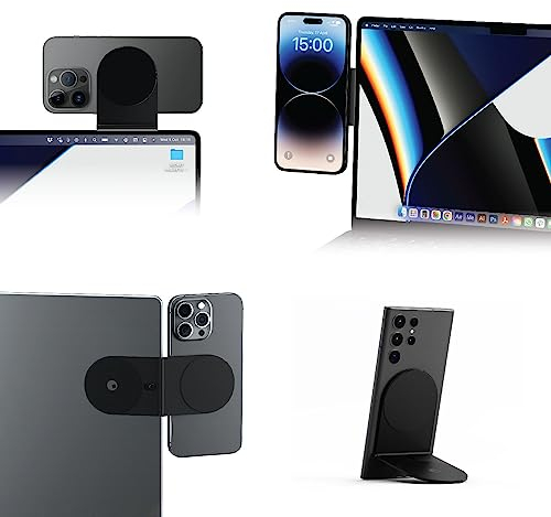 Rolling Square Edge Pro Core - Magnetic Mount Phone Holder Stand for Computers and Tablets | Secure Metal Plate Adhesive or Standalone Mode Compatible with MagSafe, Qi, Black