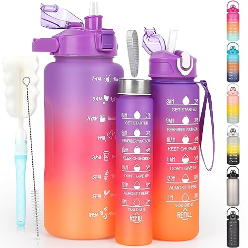 CodiCile 3 Stück Trinkflasche 2L 700ML 300ML, Wasserflasche Auslaufsicher, 2 Litre Trinkflasche mit Strohhalm, BPA Frei Sportflasche mit Zeitmarkierung für Fahrrad, Fitness, Wandern, Outdoor, Lila