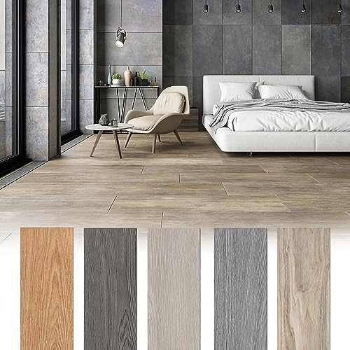 Yznahre Vinylboden Selbstklebend PVC Bodenbelag, Fliesen Vinyl Holzoptik Bodenaufkleber Wasserdicht Verschleißfest, für Bad Küchen Garage, 91,44 x 15,24 cm, Dicke 2 mm, 36 stück - 5m², Dunkelgrau