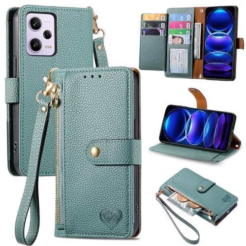 VEEMOS Handyhülle für Xiaomi Redmi Note 12 Pro 5G Hülle Klappbar Klapphülle Schutzhülle mit Kartenfach RFID Reißverschluss Handy Tasche Leder Flip Case Cover Handytasche Frauen - Grün
