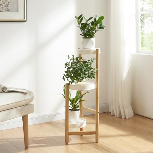 [en.casa] Étagère à Fleurs à 3 Niveaux Porte Plantes pour Intérieur Support Cache-Pots Meuble de Rangement Bambou Plastique 78 x 32 x 32 cm Naturel Blanc