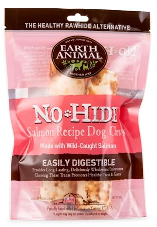 Earth Animal Kausnacks ohne Haut – mittelgroß – Kausnacks für Hunde ohne natürliches Rohleder mit Lachsgeschmack – 2 Stück (1 Stück)