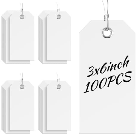 SKLENICE 100 Stück 7,6 x 15,2 cm große weiße Kunststoff-Versandanhänger mit Schnur, strapazierfähig, wasserdicht, mit Schnur befestigt, beschreibbare Draht-Etiketten, Etiketten für Gepäck, Garage