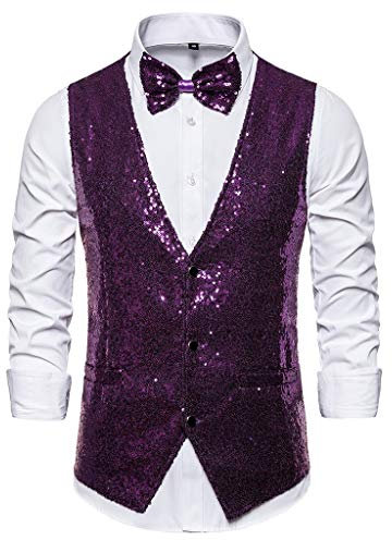 Chaleco de lentejuelas para hombre y mujer, con purpurina, cuello de pico, chaleco, chaqueta, carnaval, discoteca, fiesta, club, traje para bodas y fiestas, E Lila, XXL
