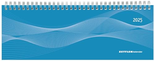 Zettler - Tisch-Querkalender 2025 blau, 29,7x10,5cm, Bürokalender mit 128 Seiten, Tages-, 1 Woche auf 2 Seiten, Monatsübersicht, Notizbereich, Adressteil, Ringbindung und deutsches Kalendarium