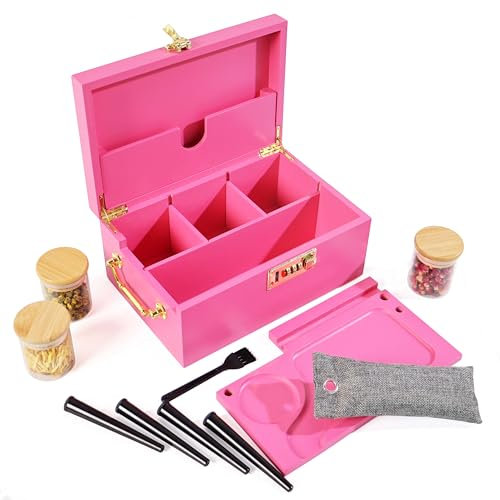 JIABOLANG Bambusbox mit Zahlenschloss und Zubehör, 3 geruchsdichte Gläser, 4 Röhren, Rolltablett, Bürste, geruchsdichter Beutel – Kräuterzubehör-Organizer-Set mit Griff, verschließbare Rose