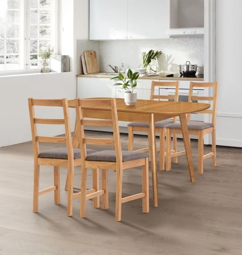 Hallowood Furniture Aston Oval Butterfly Extendable Table and Chairs Set 4 | Light Oak Butterfly Extending Table and Chairs in Steel Grey Fabric, Dinner Set for 4 Ideal for for Home and Cafe Dining Room