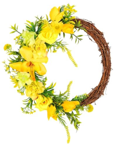 Widybord Yellow Flower Door Wreath Artificial Handcrafted Wreath Dead Branch Yellow Flower Wreath Spring Front Door Decor Seasonal Door for Many Rooms