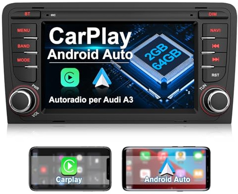 AWESAFE Autoradio 13 con CarPlay Android Auto per A3 S3 RS3 8P 2006-2012 (2GB+64GB) 7 Pollici Car Radio con GPS BT FM RDS Controllo del volante