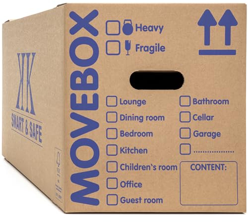 MOVEBOX 10 Strong XXL Moving Boxes 59 litres | Cardboard Storage Boxes 64cm x 29cm x 32cm | Double Walled Packing Removal Boxes with Carry Handles & Room List