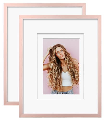 Egofine 20 x 25 cm Aluminium Bilderrahmen Display mit Matten für 10x15/13x18 oder 20 x 25 cm ohne Matte, Metall Bilderrahmen bedeckt mit Plexiglas für Tisch- und Wandmontage, 2-Pack,Rose gold