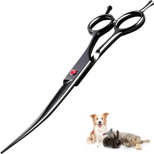 Floraslee Profi Gebogene Hundeschere - 7,5 Fellschere für Hunde, Hundeschere Gebogen Fellschere - Hunde Schere mit ergonomischem Griff,(abwärts gebogen) (Schwarz)