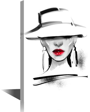 TISHIRON Poster Frau mit roten Lippen im Hut, Zeichnungsskizze, schwarz-weiß, modisches Portrait-Illustrationsposter, Leinwandkunst für Wohnzimmer, Schlafzimmer, Badezimmer, Büro, Dekor (Frau-14,