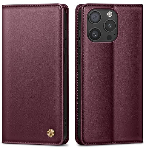 AIMOYU Premium Lederhülle für iPhone 15 Pro - Schutztasche mit Kartenfach, Standfunktion, Klappbar Flip Case, Weinrot