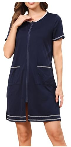 NSICBMNO Navy Dressing Gowns For Women Uk Lightweight Bath Robes Zip Up Dressing Gowns Short Nighties Cotton Nightdresses Short Sleeve Pyjamas Ladies Open Front Cardigans Nightgowns With Pockets