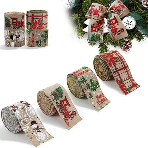 Lxoraziy 4 Rouleaux Ruban de Noël, 6,3cm x 2m Noël Ruban d'emballage Cadeau, Naturel Rouleau de Rubans Cadeaux Large Ruban Decoratif Tissu pour la Décoration de Noël, Bricolage, Emballage Cadeau